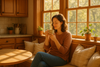 Family woman enjoys coffee in a kitchen morning nook 